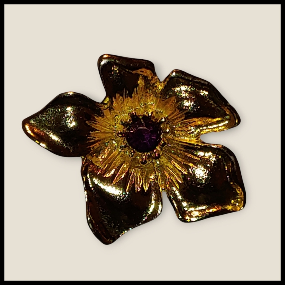 Vintage Wild Rose Brooch with Purple Rhinestone - Picture 3 of 5